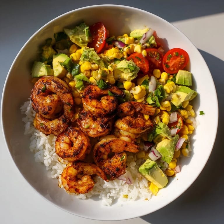 Juicy grilled shrimp nestled atop rice in this Easy Grilled Shrimp Bowl with fresh corn, avocado.