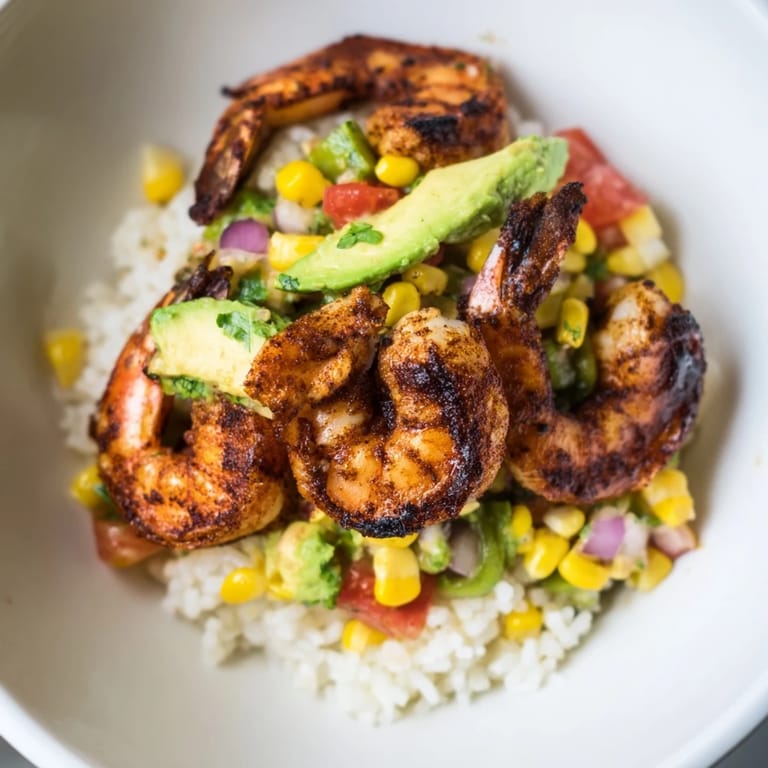 Brightly plated Easy Grilled Shrimp Bowl: grilled shrimp, fresh salsa, rice—a light and healthy lunch.