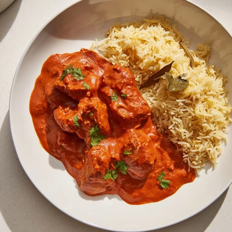 Fragrant basmati rice pilaf next to a luscious bowl of Butter Chicken, ready to enjoy.