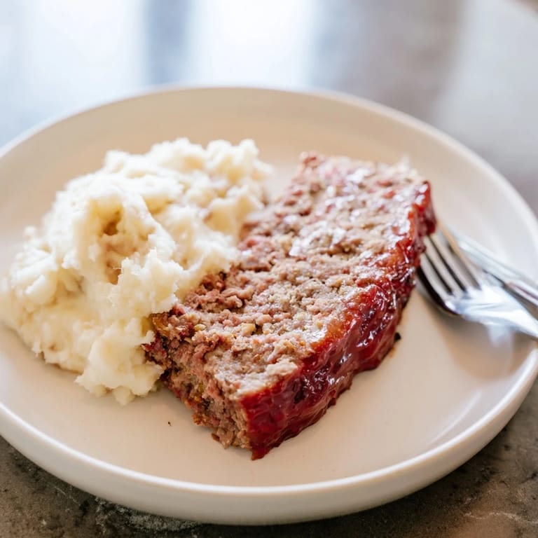 A close-up of a hearty slice of Classic Meatloaf & Mashed Potatoes, with rich brown gravy.