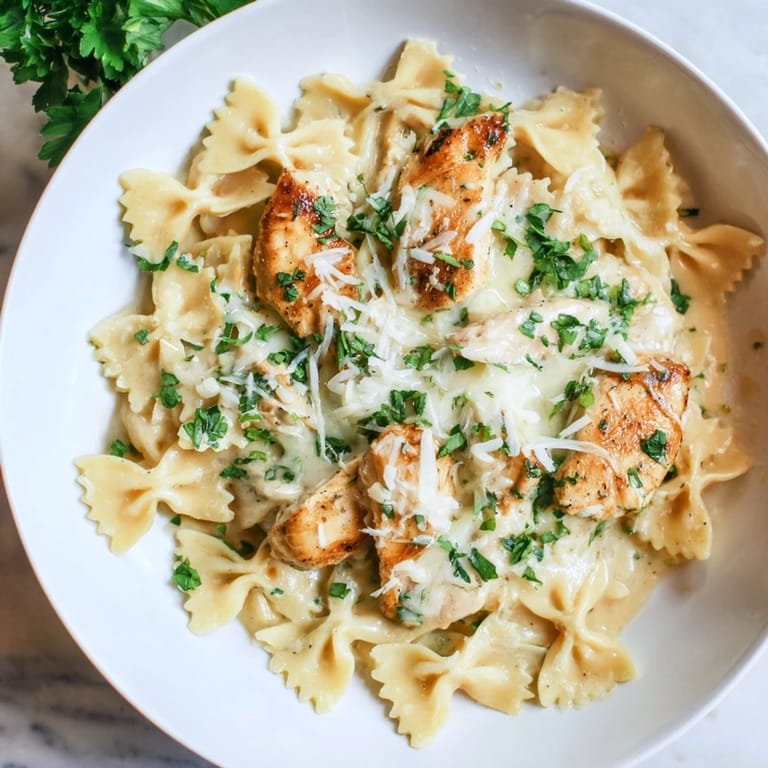 Creamy mozzarella garlic butter chicken bowties, a flavorful Italian-American dish with tender chicken pieces.