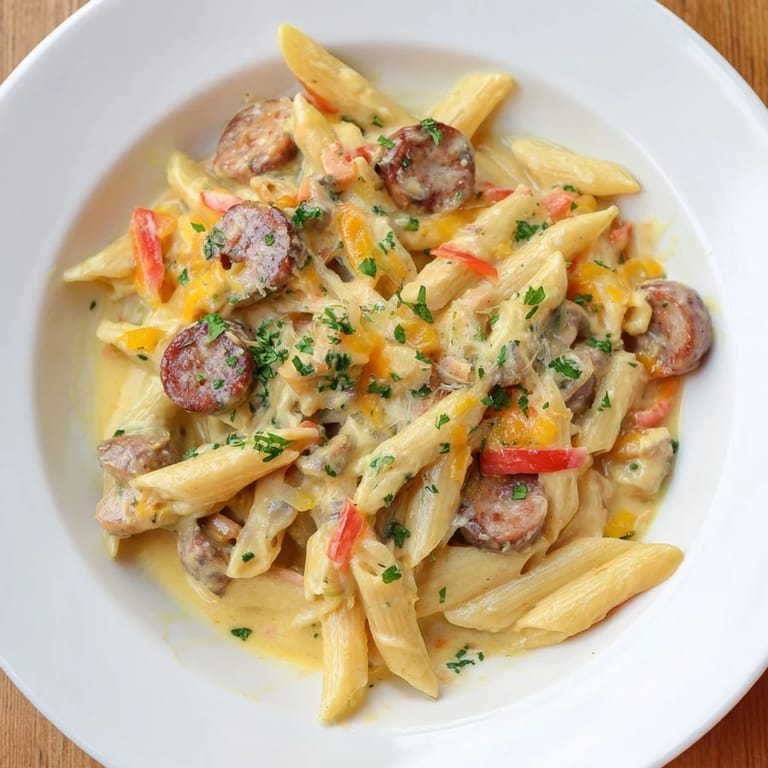A close-up of a creamy, flavorful Smoked Sausage & Cheddar Pasta Bake, perfect for dinner tonight.