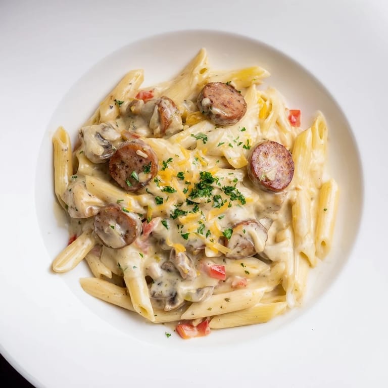 Golden-brown Smoked Sausage & Cheddar Pasta Bake in a baking dish, a delicious comfort food meal.