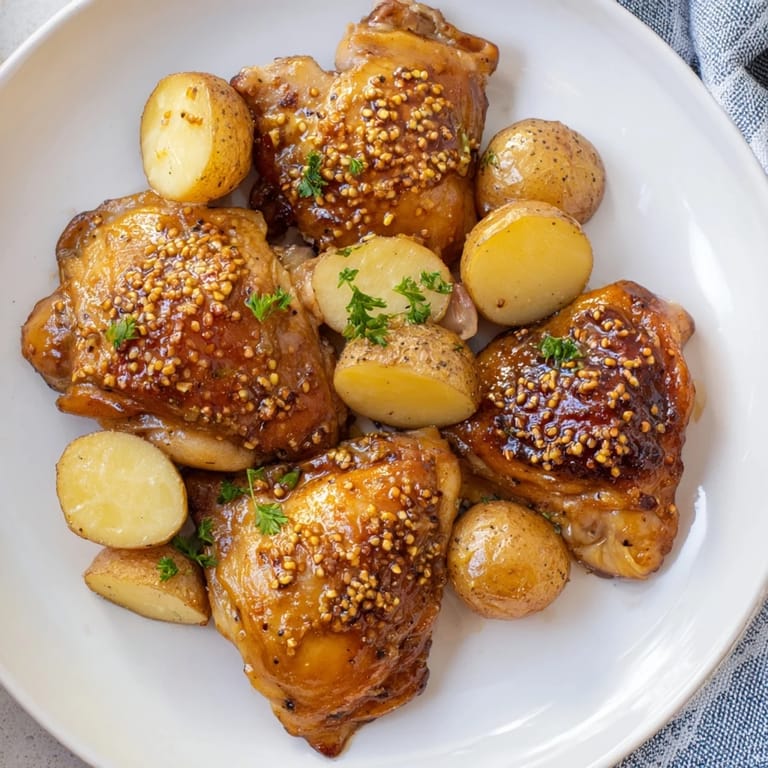 Juicy Honey Mustard Chicken thighs baked to perfection, served with flavorful, roasted baby potatoes.