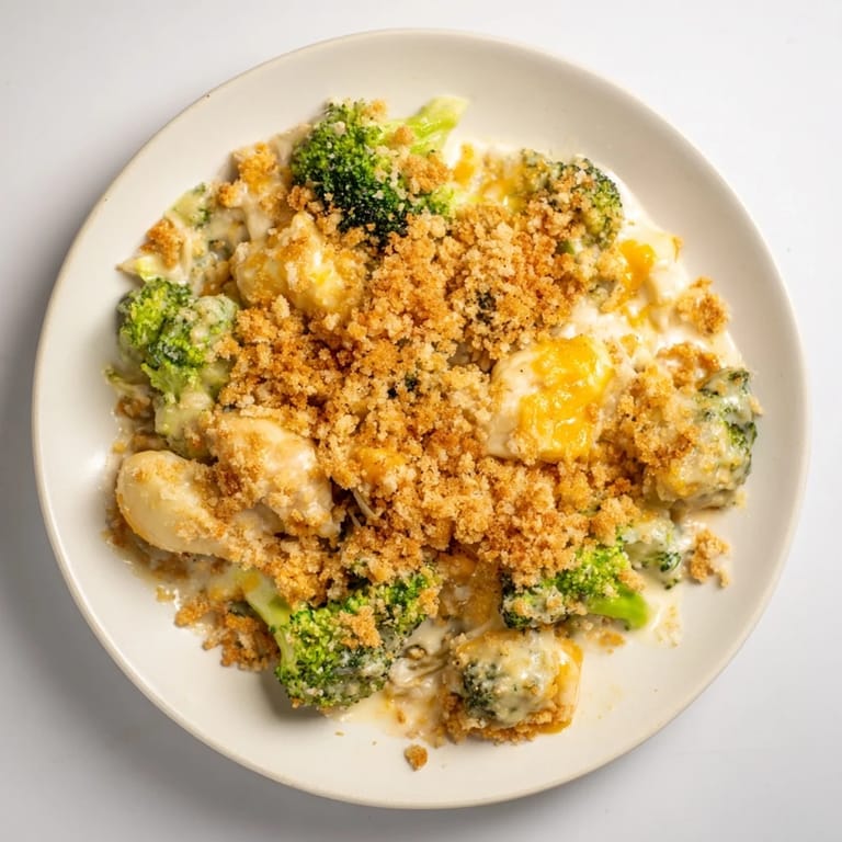 Creamy Cheddar Broccoli Chicken Bake, topped with a flavorful breadcrumb and cheese crust, ready to serve!