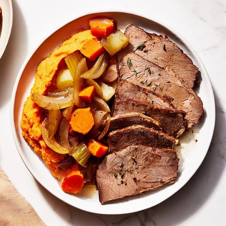 Fork-tender classic brisket with rich braising sauce, plated with warm, fluffy mashed sweet potatoes alongside.