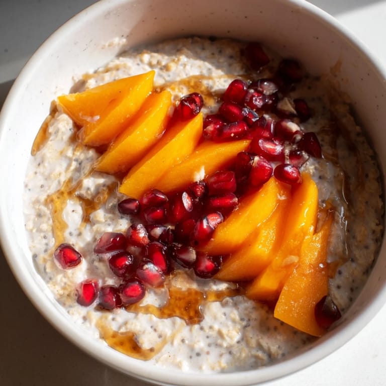 This photo shows a delicious bowl of Overnight Oats with persimmon, a healthy and vibrant breakfast option.