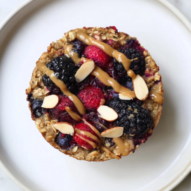 Close-up of freshly baked Oatmeal Cups featuring vibrant winter berries, showcasing a delicious breakfast idea.