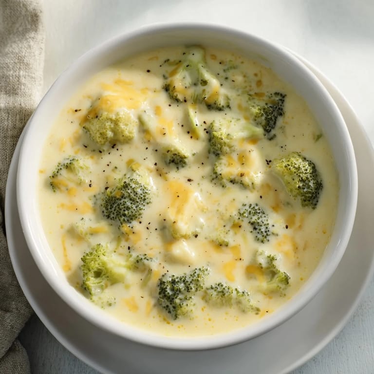 A close-up of a creamy Broccoli Cheese Soup, showcasing the tender broccoli florets and sharp cheese.