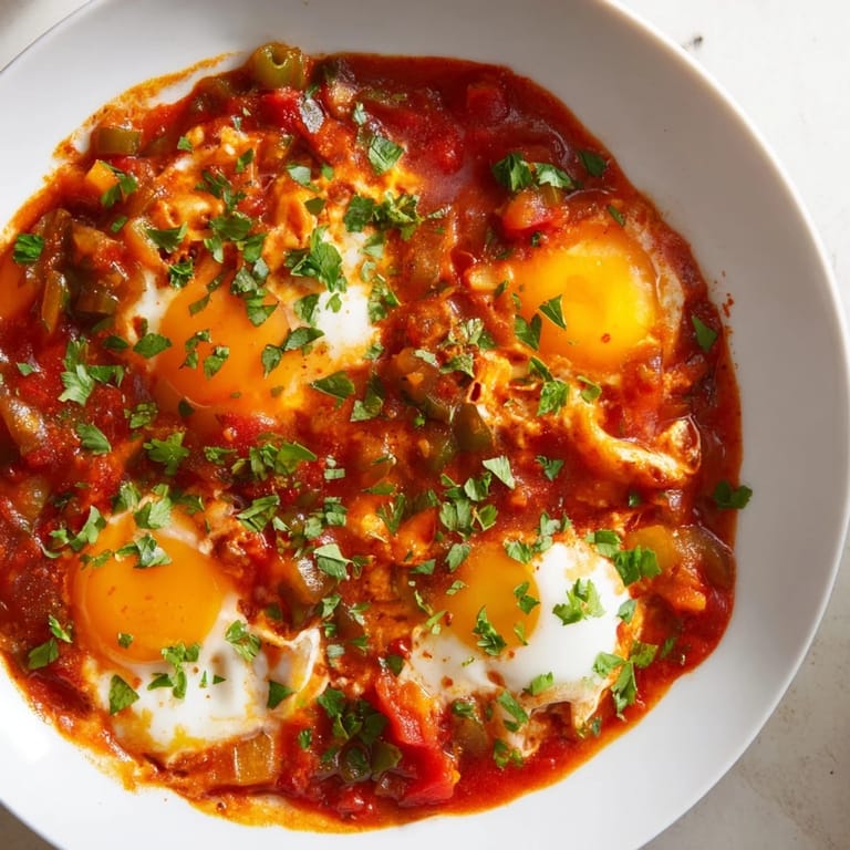 Golden yolks nestled in a spicy tomato sauce, a beautiful and satisfying Shakshuka ready to enjoy.