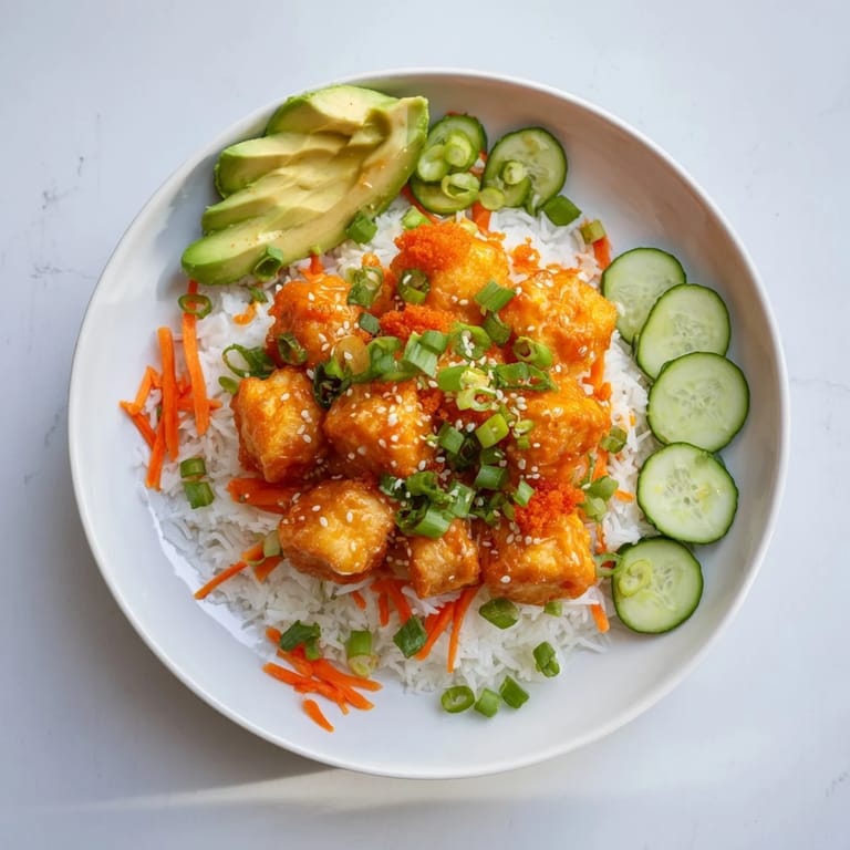 A close-up of Chili-Mayo Baked Tofu Bowls, showcasing the flavorful, spicy chili-mayo sauce.