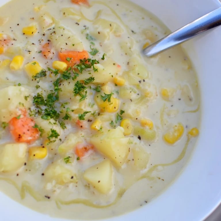 Creamy, golden Corn & Potato Chowder with a drizzle, a warm, comforting bowlful.