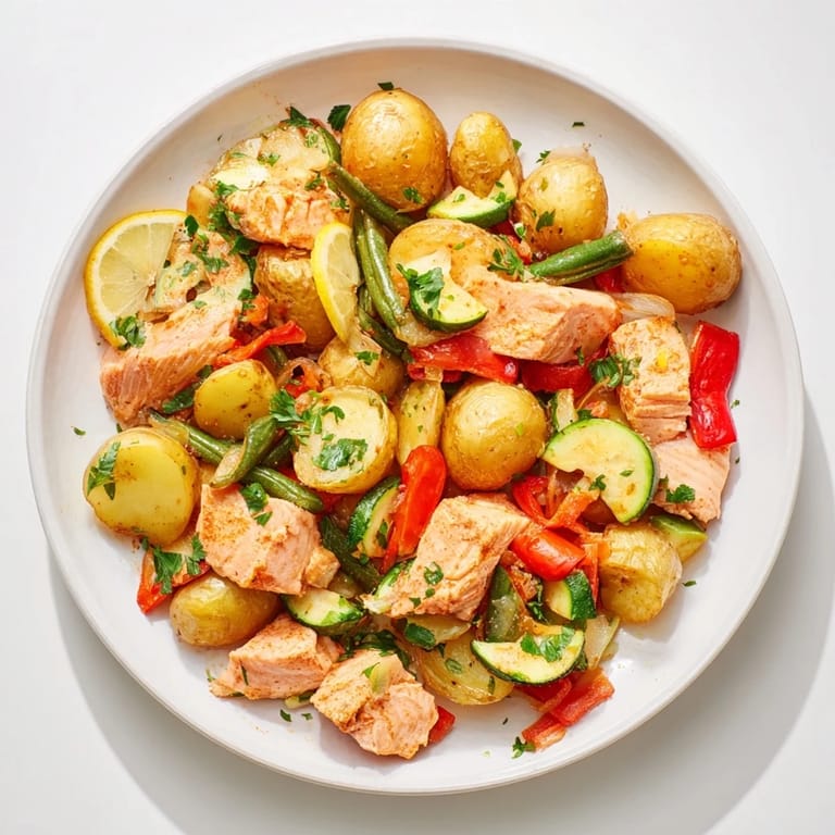 Savory aroma of garlic and spices surrounds this beautiful Salmon & Potato Skillet, ready for serving.
