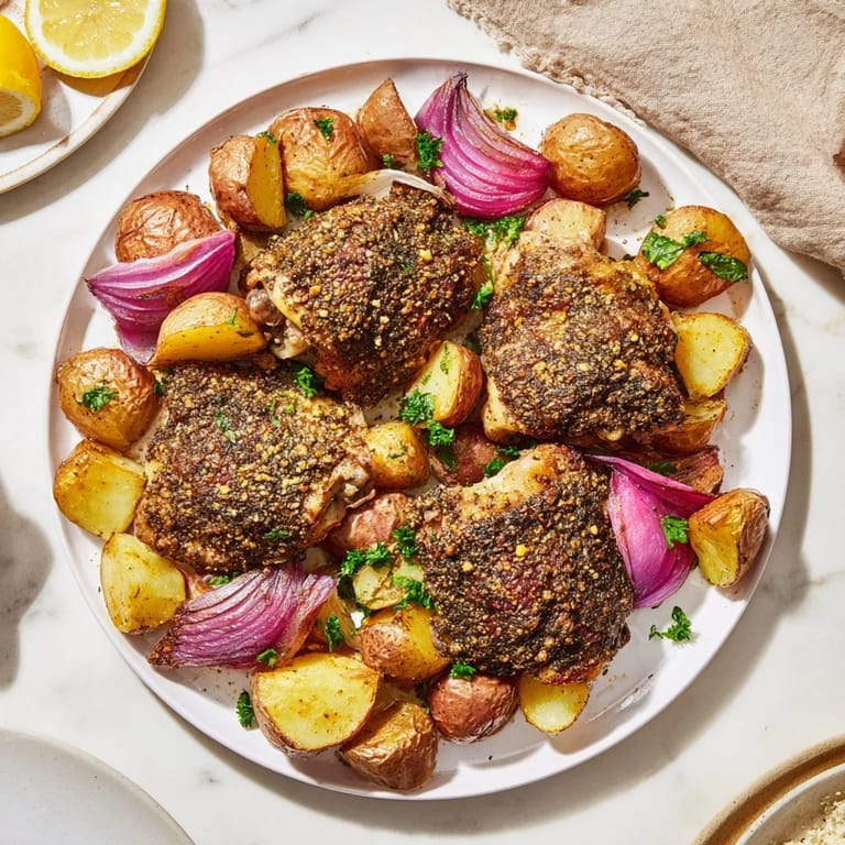 Crispy skin Sheet Pan Zaatar Chicken sitting atop perfectly roasted potatoes, ready to serve with fresh parsley.