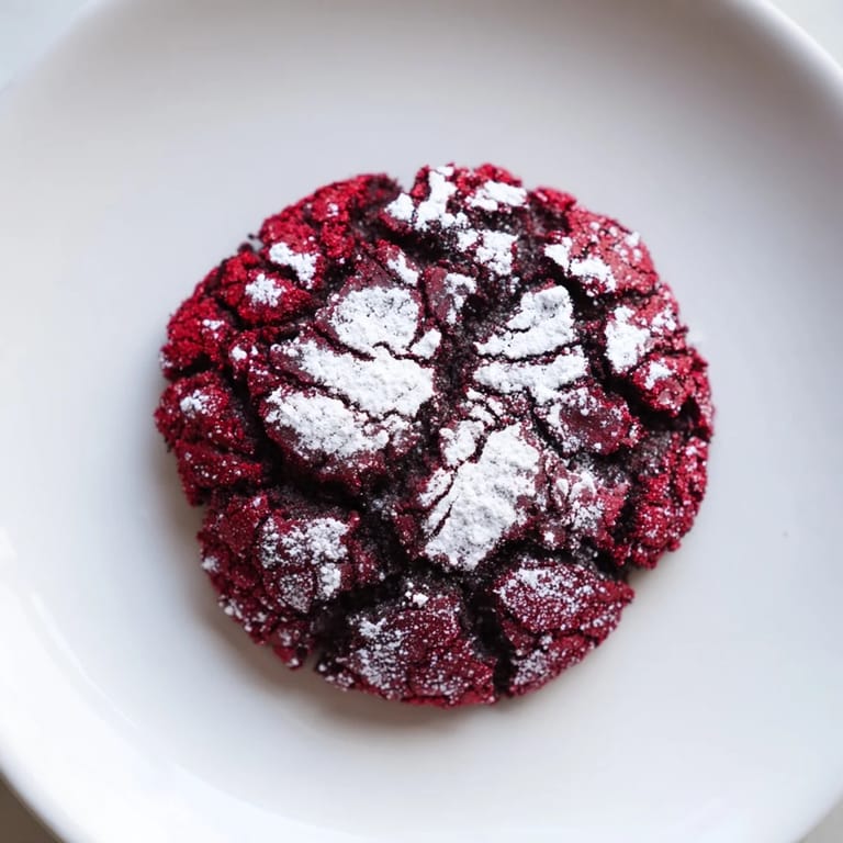 Warm, freshly baked Red Velvet Chocolate Crinkle Cookies with their distinct red color and fudgy centers.