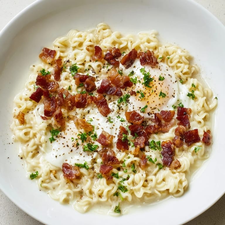 Close-up of savory Instant Pot Carbonara Ramen, with runny egg yolks and flavorful, rich broth.