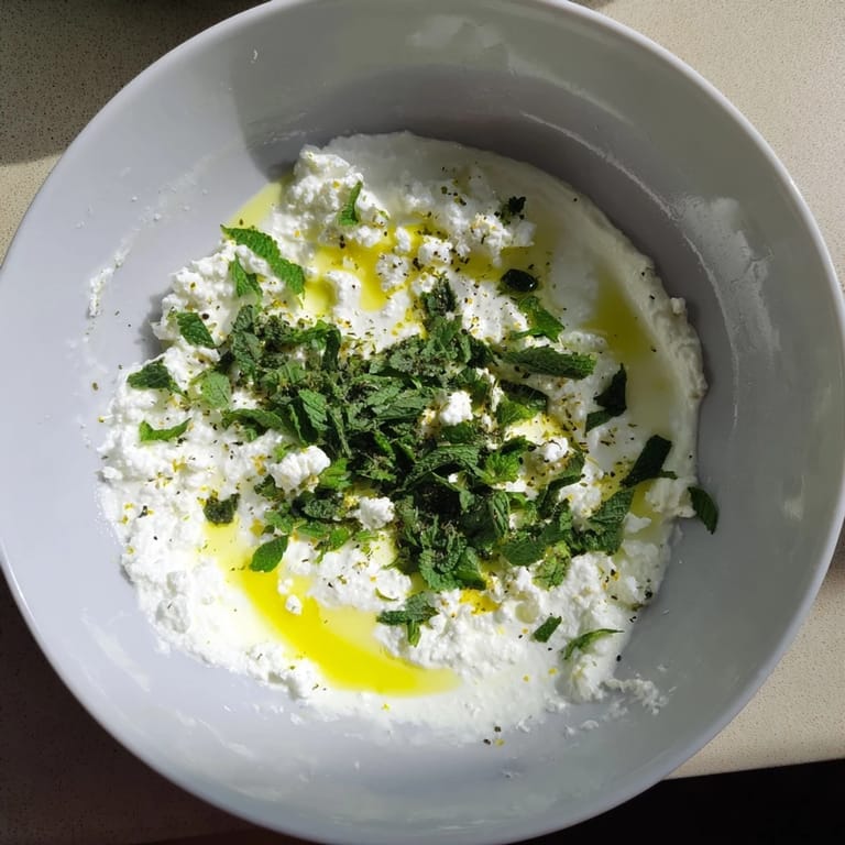 A close-up of the flavorful whipped feta dip, perfectly topped with zesty lemon-mint.