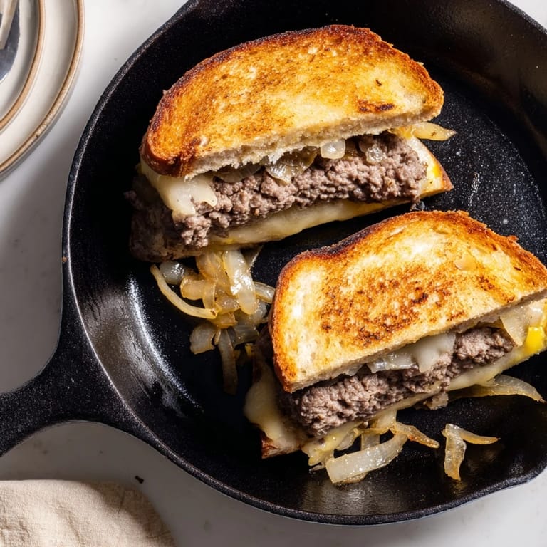 Image of a hearty Patty Melt Skillet, oozing with melted Swiss cheese, ready to be sliced and devoured.