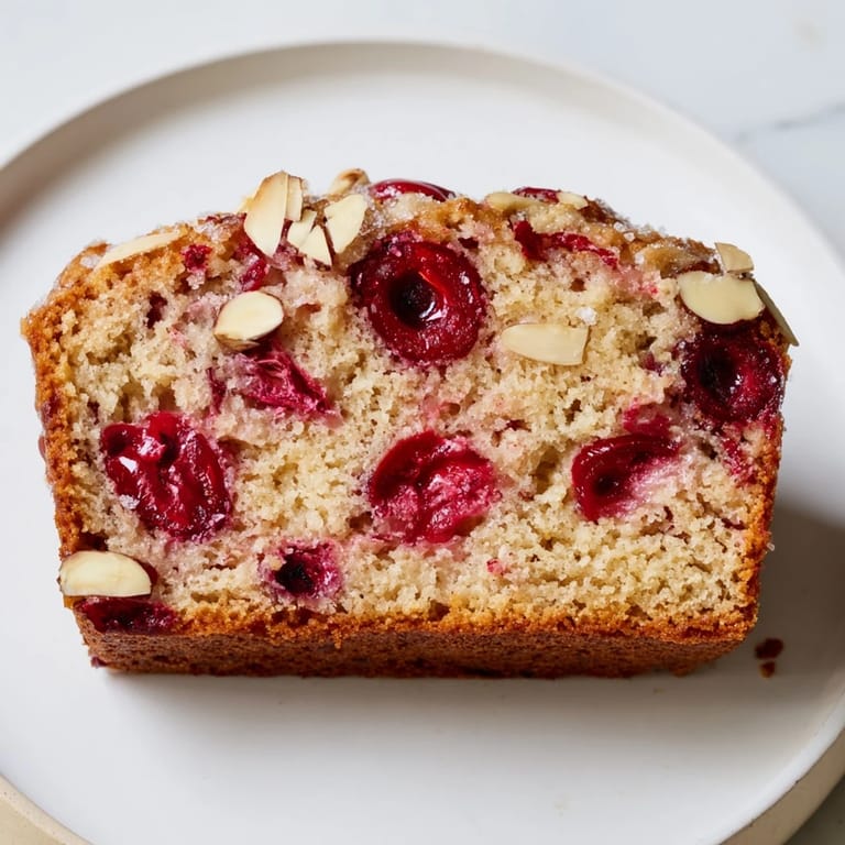 Warm, freshly baked Cherry Almond Loaf Cake; imagine the sweet almond scent and moist texture.