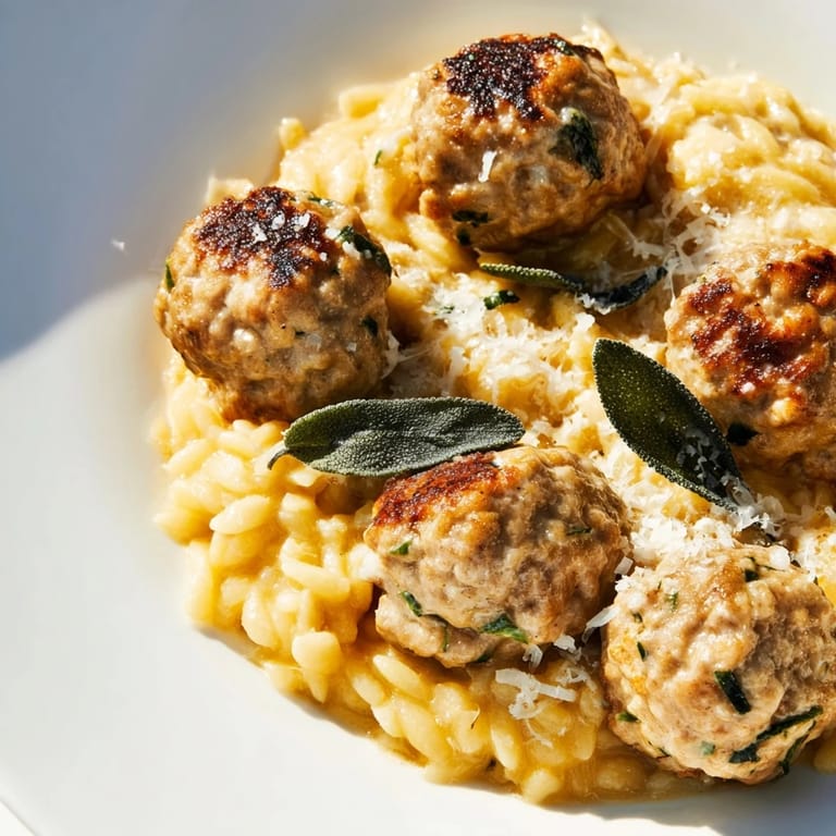 A comforting close-up showing browned sage turkey meatballs, combined with creamy pumpkin orzo.