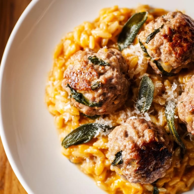 Warm, flavorful sage turkey meatballs swimming in pumpkin orzo, perfect for a fall evening meal.
