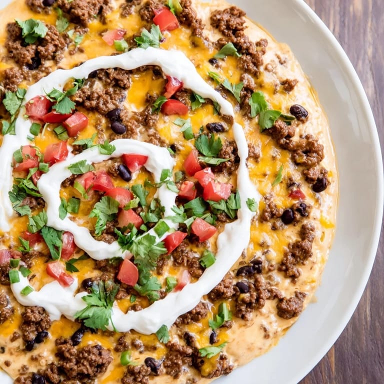Close-up of a generous spoonful of Slow Cooker Cream Cheese Taco Dip, showcasing the melted cheese and hearty ingredients.