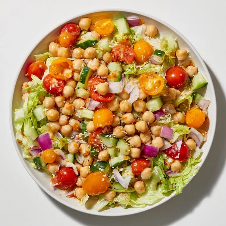 A vibrant bowl of La Scala Chopped Chickpea Salad, perfect vegetarian lunch with Parmesan cheese.