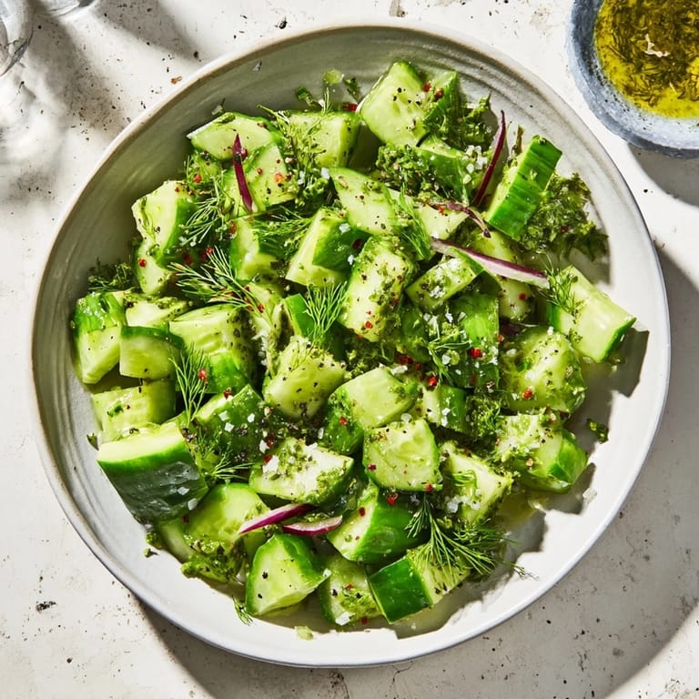 A vibrant Simple Cucumber and Dill Chopped Salad, featuring fresh dill and juicy tomatoes awaiting a refreshing bite.