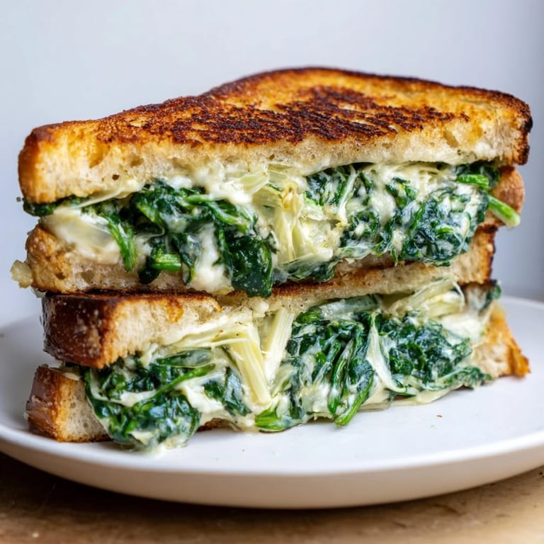 Melted mozzarella and cheddar mingle within this flavorful sourdough spinach artichoke dip grilled cheese.