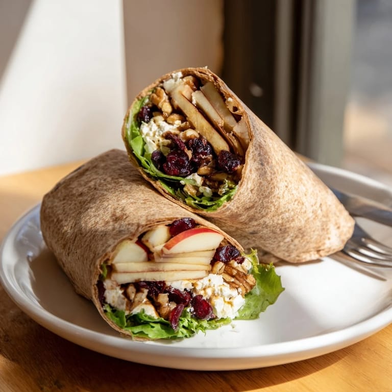 Freshly assembled Cranberry Goat Cheese & Walnut Holiday Wraps with visible ingredients awaiting a satisfying bite.