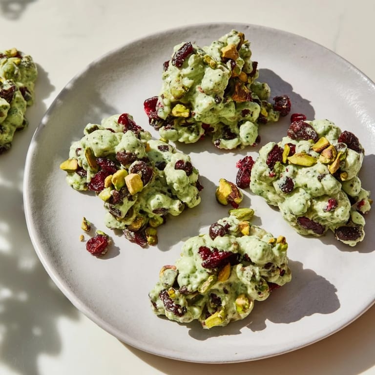 These beautiful Matcha White Chocolate Cranberry Bark Clusters offer a delightful blend of flavors and textures, ready to enjoy.