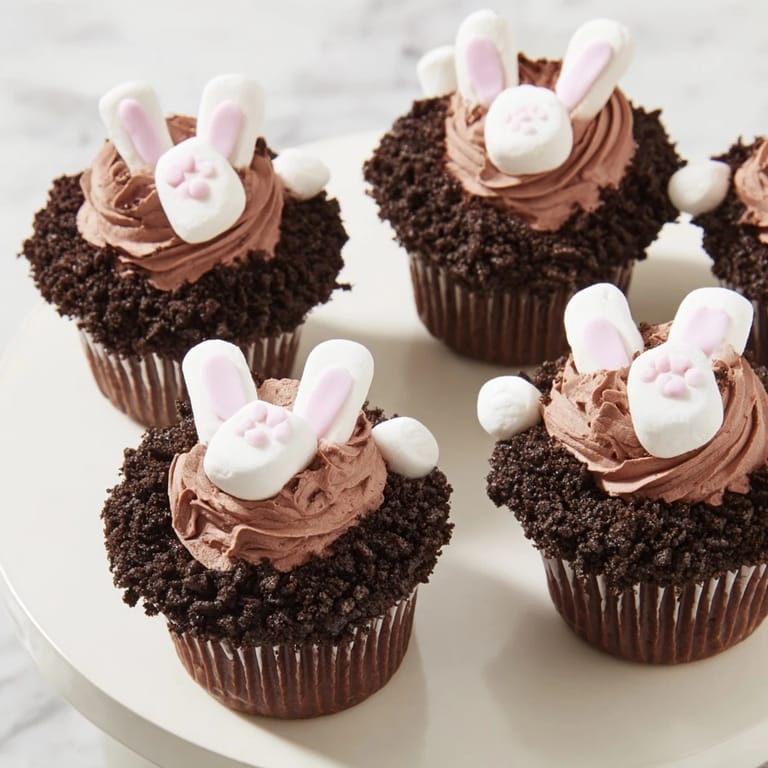 Delicious Bunny Burrow Cupcake Tray, featuring chocolate cupcakes with fluffy buttercream frosting and cookie-crumb soil.