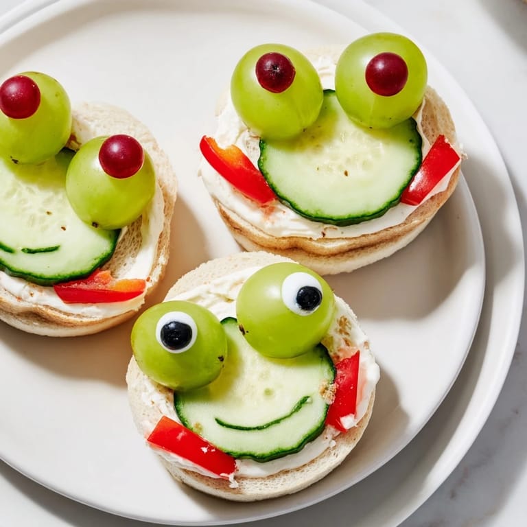 See the cheerful Prince Charming Froggy Sandwiches, perfect for a picnic with green grape eyes and red pepper mouths.