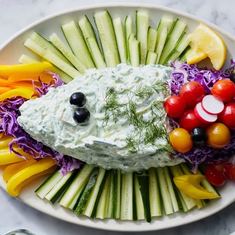 A visually appealing Ocean Blue Fish-Shaped Dip Tray appetizer showcases fresh vegetables alongside delicious, flavorful dips.