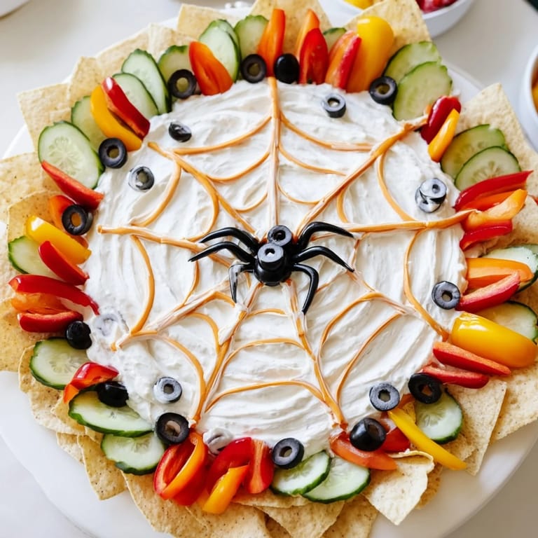 Delicious Creepy Crawly Spiderweb Platter with crunchy carrot sticks, perfect for spooky Halloween snacking and dipping.