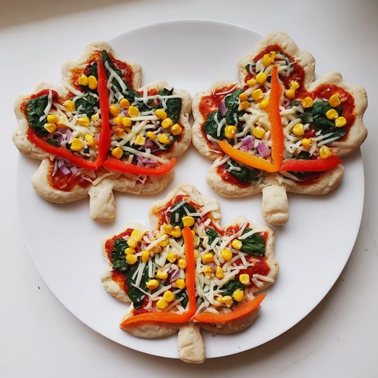 Golden crusts and vibrant toppings make these Fall Foliage Maple Leaf Mini Pizzas a festive vegetarian snack.