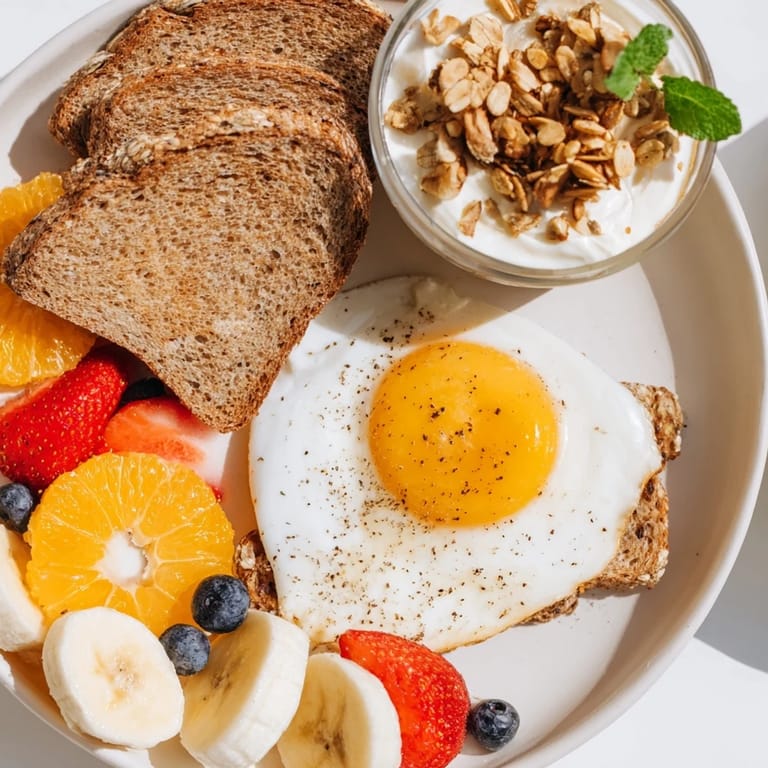Imagine the Soleil Matinal Breakfast Platter: golden eggs, vibrant fruits, and sweet yogurt for a tasty morning meal.