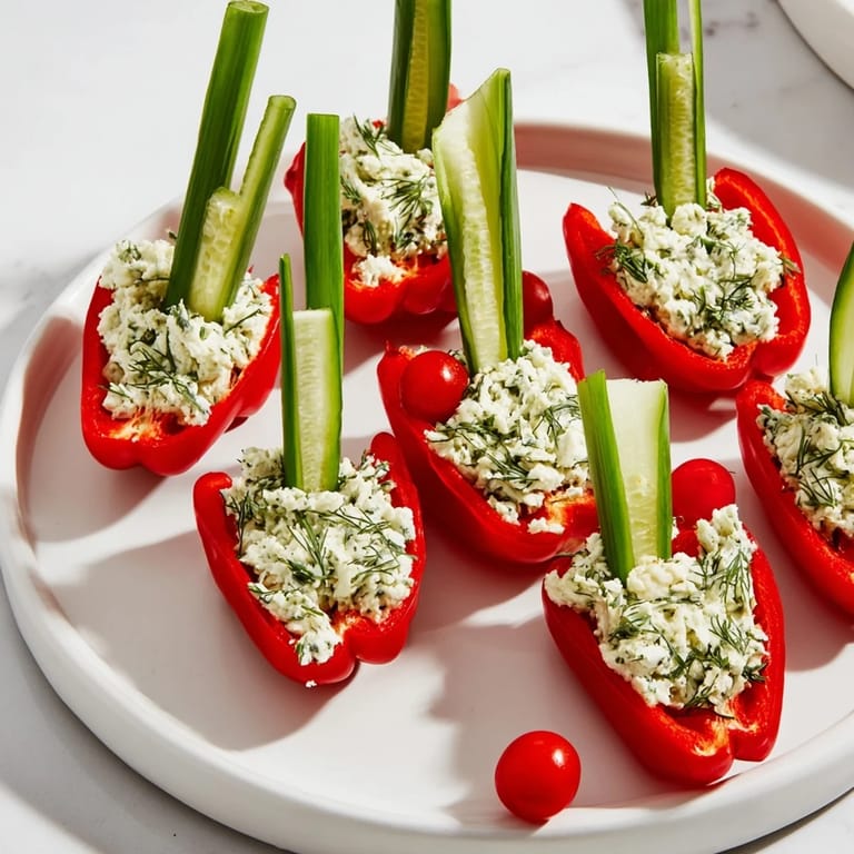 Close-up of fresh Blooming Tulip Veggie Cups with green onion stems and vibrant cherry tomatoes, ready to serve.