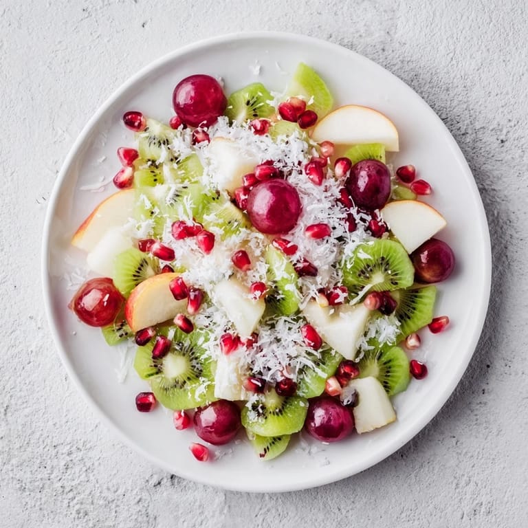 Chilled Snowflake Fruit Medley, drizzled with citrus dressing, offers a visual delight of textures.