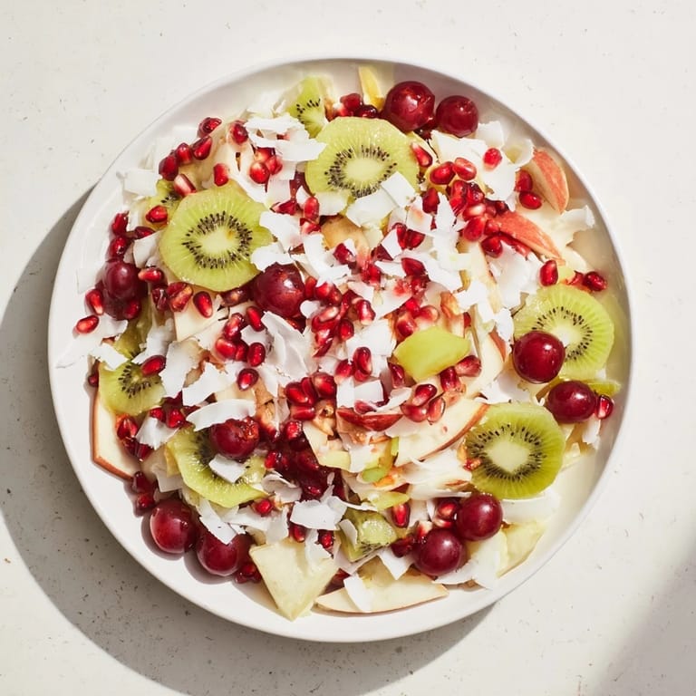 Festive Snowflake Fruit Medley with a snow-like coconut topping, perfect for any winter gathering.