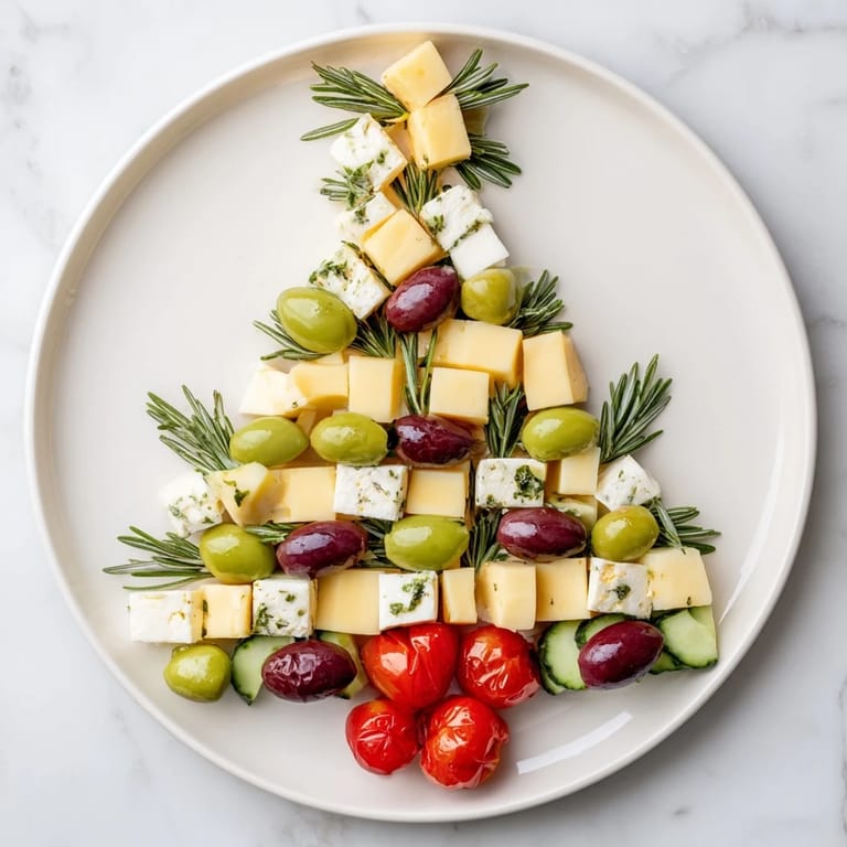 Mediterranean-style Cheese & Olives Pine Tree Wreath, ready to be served with crackers this holiday.