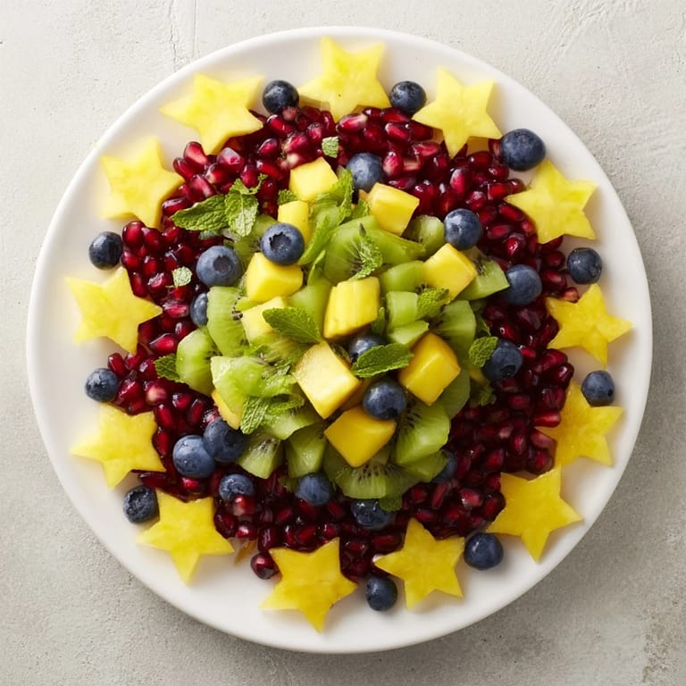 This refreshing pomegranate and mint star fruit platter is perfect for a light, colorful dessert.
