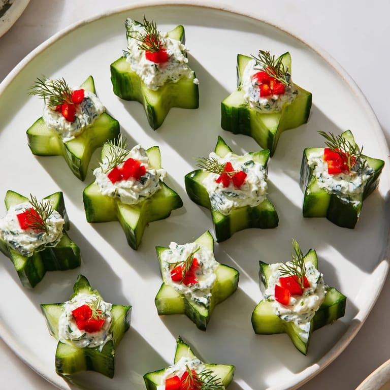 Festive Cucumber and Dill Christmas Stars appetizer, with vibrant cucumber stars featuring creamy cheese and fresh dill.