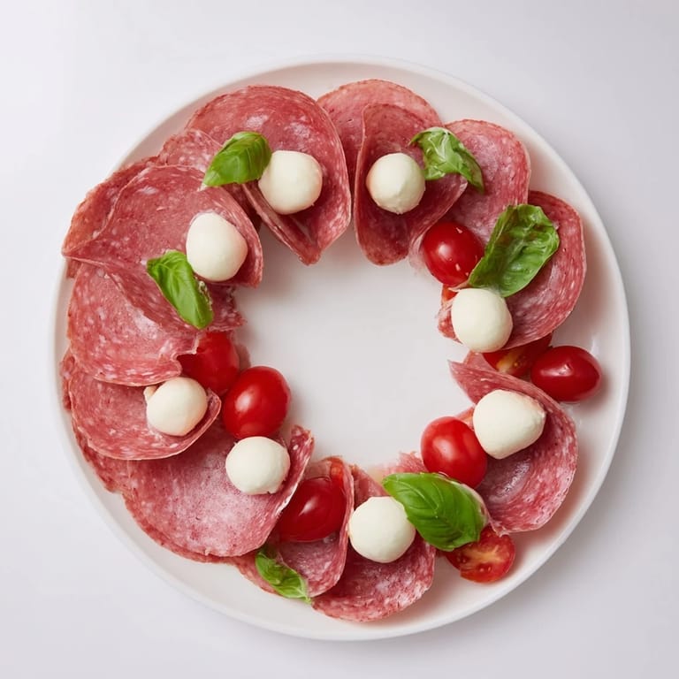 Artfully folded salami wreath appetizer with vibrant cherry tomatoes and fresh basil, perfect for sharing.