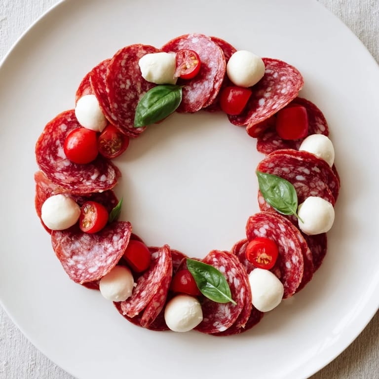 A close-up of a delicious folded salami wreath, a quick and easy gluten-free party food.