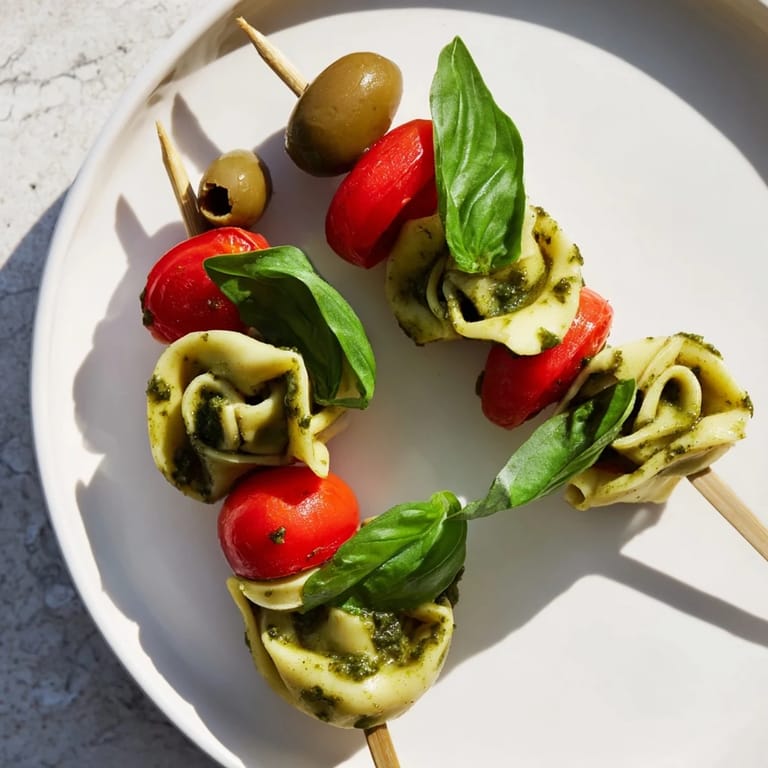 Serving suggestion: Delicious Appertizer Skewers with tender tortellini, zesty pesto, and savory olives for a party.