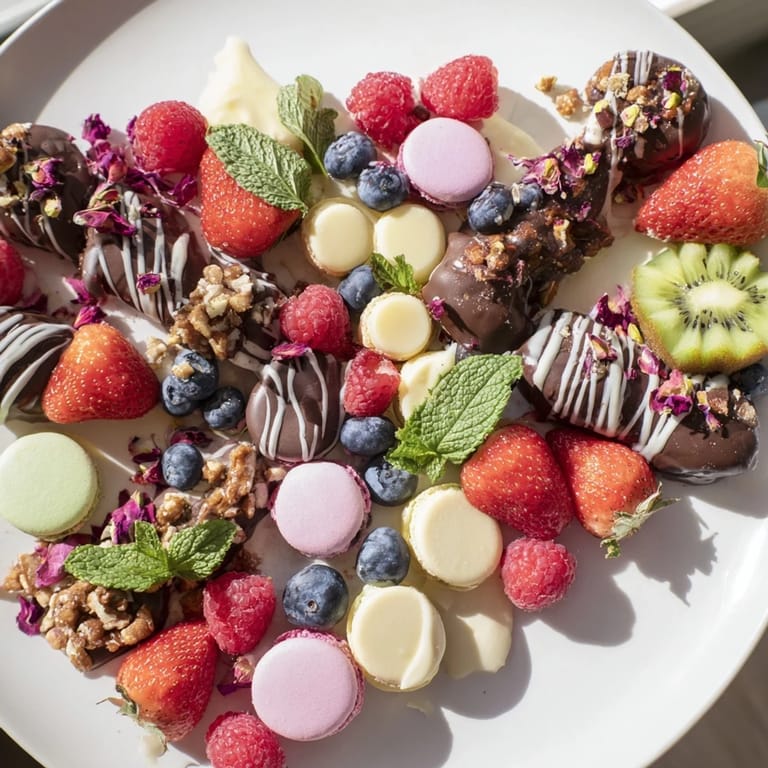 Indulge in this image: a decadent The Sweet Dessert Decadence with perfect fruit, chocolates, and pastries.