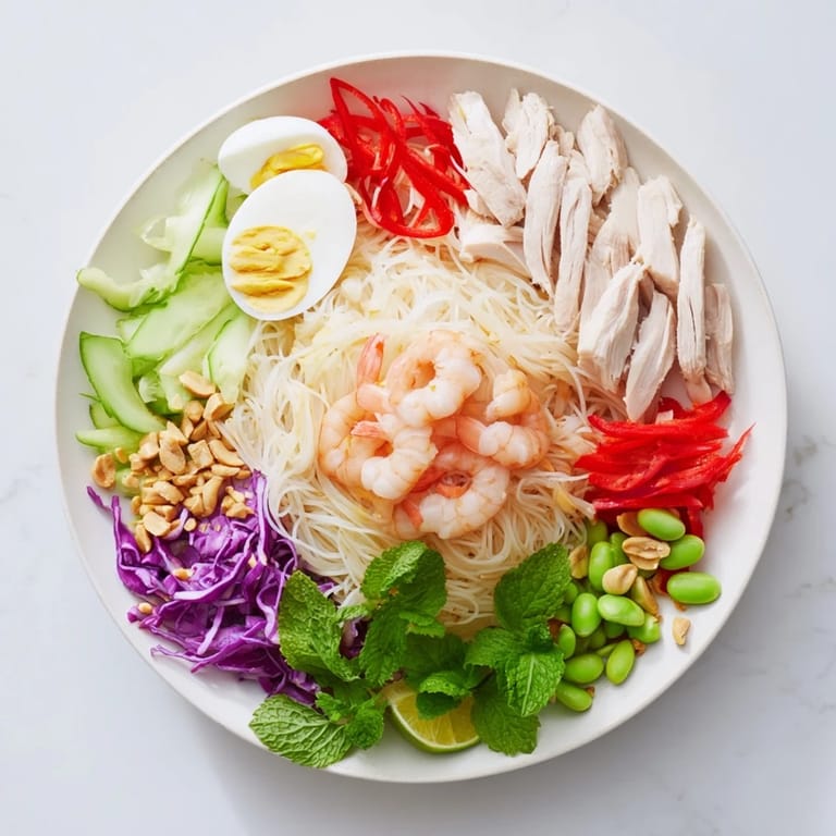 This Asian fusion noodle bowl includes tender noodles, sliced chicken and shrimp, plus many fresh, crisp veggies.