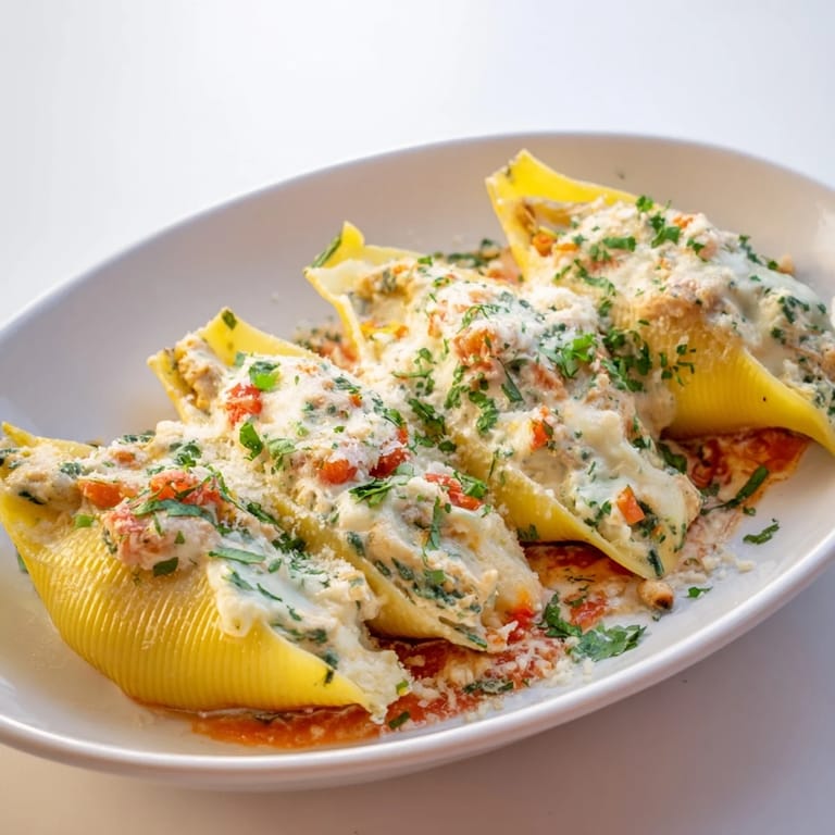 Creamy High-Protein Cottage Cheese Alfredo Christmas Shells, stuffed with turkey and spinach, ready to serve with parsley.