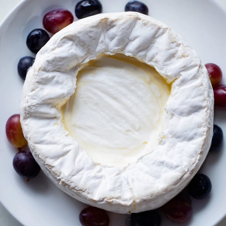 This Floating Island recipe shows a vibrant blue yogurt lake circling a soft cheese wheel, ready to serve.